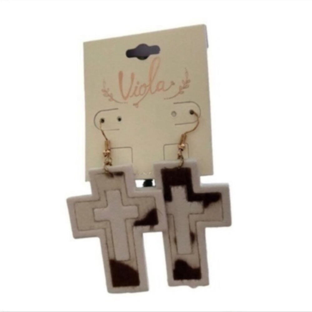 NWT Viola Cow Print Cross Earrings